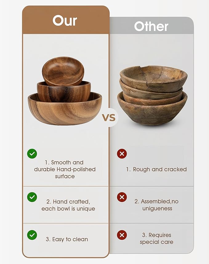 Acacia Wood Salad Bowl Set, 3-Piece Natural Solid Wood Serving Bowls, Handcrafted & Hand-Polished, Wooden Salad Bowls for Kitchen & Dining for Pasta, Yogurt, Fruit, Snacks & Gift Giving