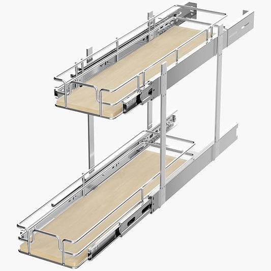 ROOMTEC 2 Tier Individual Pull Out Cabinet Organizer 5쩍"W x 21쩍"D, Slide Out Wood Shelves Organizers, Pull Out Drawers Organization and Storage for Kitchen Cabinet