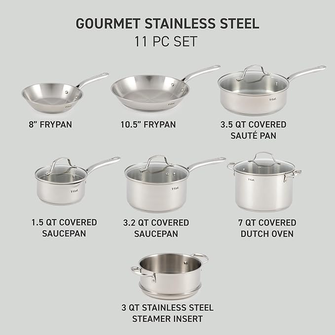 T-fal Stainless Steel Cookware Set, 11 Piece, Induction Cookware, Oven Safe to 500째F, Kitchen Cooking Set w/Fry Pans, Pots and Pans, Dutch Oven, Saucepans, Kitchen Essentials, Silver