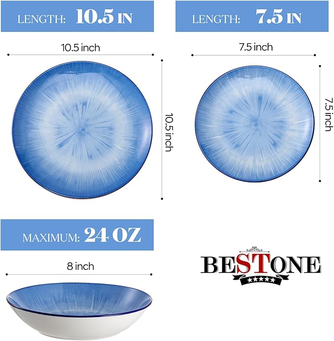 Bestone Porcelain Dinnerware Sets Service for 4, 12 pcs Hand drawn Plates and Bowls Sets, Handmade Ceramic Dish Set, Chip Resistant Modern Plate Set, Dishwasher/Microwave Safe竊똕tarburst blue