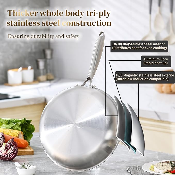 DELARLO Tri-ply Stainless Steel Frying Pan Set with Lid 8" 10" Induction large Skillets Chef's Pan,Pots and Pans Set Kitchen Cookware Set Suitable for All Stove