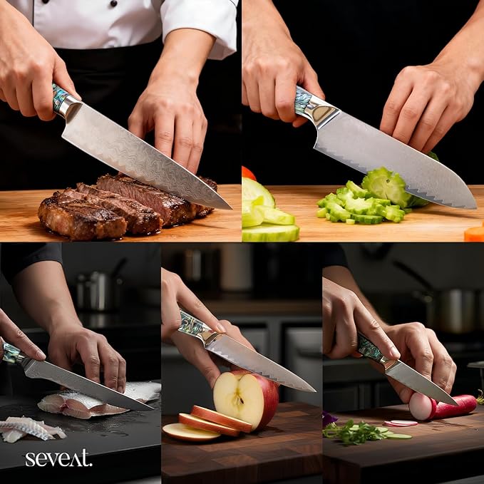 Damascus Kitchen Knife Set, 67-Layer Damascus Steel, Professional Chef Knives Set for Kitchen, Ergonomic Wood & Resin Handle (Blue, 5 pieces with Shell Handle)