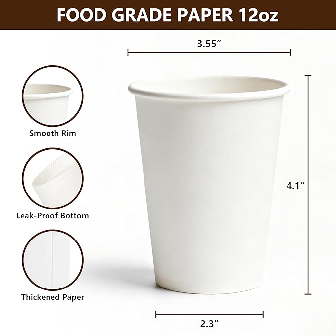 TashiBox 300 Count 12 oz Disposable Paper Coffee Cups - White Paper Cups for Party, Office, Cafes - Perfect for Cold and Hot Drinks