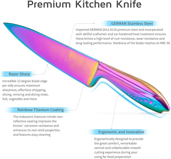 WELLSTAR Rainbow Knife Set - 7-Piece Iridescent German High-Carbon Stainless Steel Kitchen Knives with Universal Knife Block, Colorful Kitchen Cutlery for Cooking and Food Prep