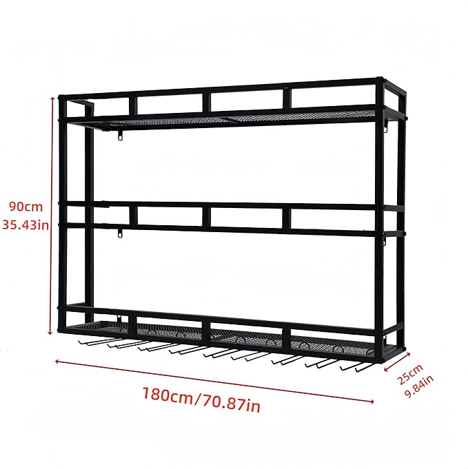 71 Inch Metal Wine Rack Wall Mounted, Bar Shelves for Liquor Bottles with LED Light, 3 Tier Large Capacity Liquor Rack Wall Mounted with Glass Holder for Home Bar & Dining Room, Black
