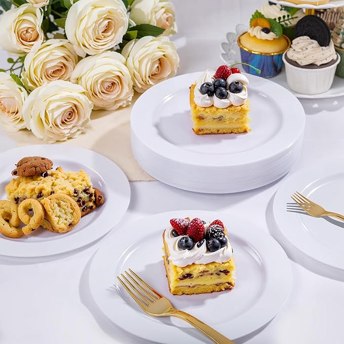 WELLIFE 100PCS White Plastic Dessert Plates and 100PCS Gold Disposable Forks, Premium Hard Dessert Plate 7.5?? Appetizer Plastic Plates for Party and Wedding