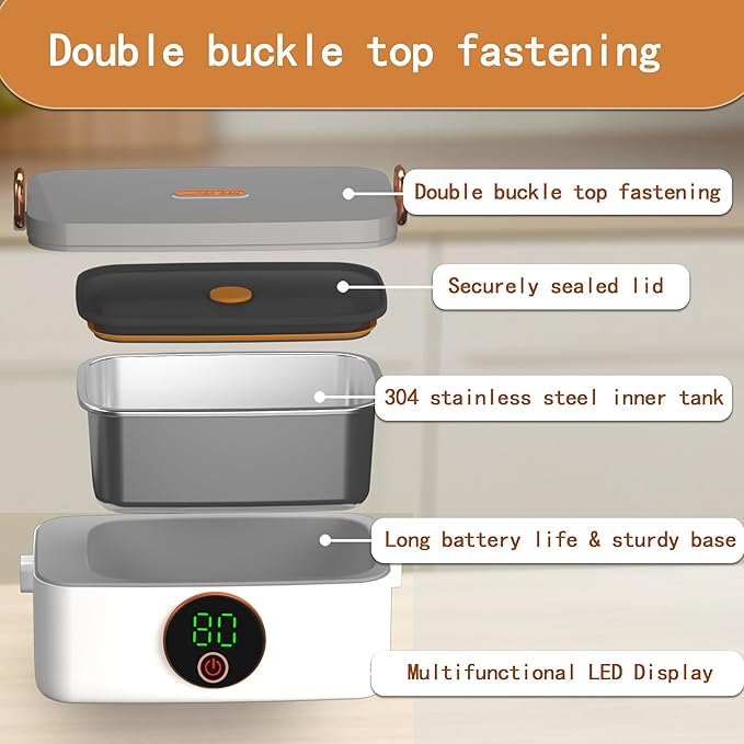 BOKASM Portable Cordless Electric Heated Lunch Box for Adults,Heating Food Warmer Lunch Box,Rechargeable 16000mAh Battery,4.2Cups Capacity Inner Container,Lunchbox for Travel,Outdoor,Picnic,Office