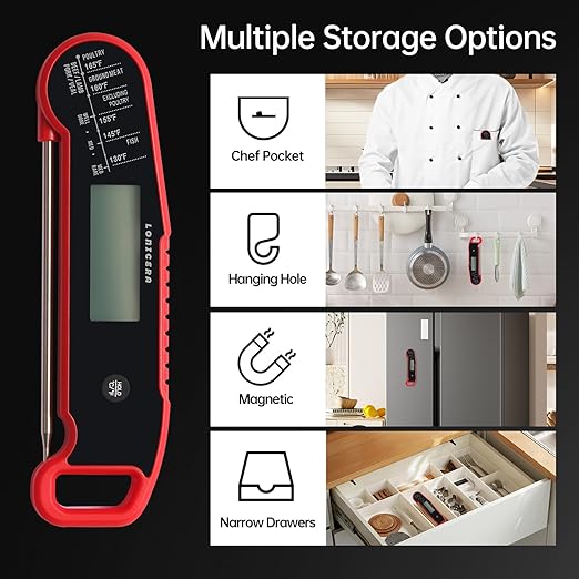 Lonicera Digital Meat Thermometer for Food Cooking. Instant Read Within 1 Sec and 짹0.9?덦ccuracy with Thermocouple Sensor. IP67 Waterproof, Auto-Rotating Display, Auto Wake up (Red)