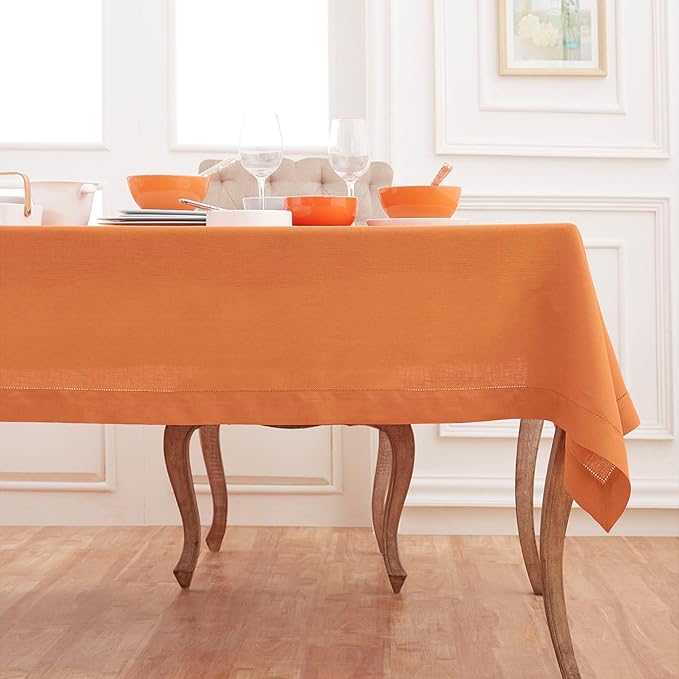 Solino Home Linen Pumpkin Tablecloth 60 x 108 Inch - Classic Hemstitch, 100% Pure Linen Rectangular Tablecloth - Machine Washable Table Cloth
