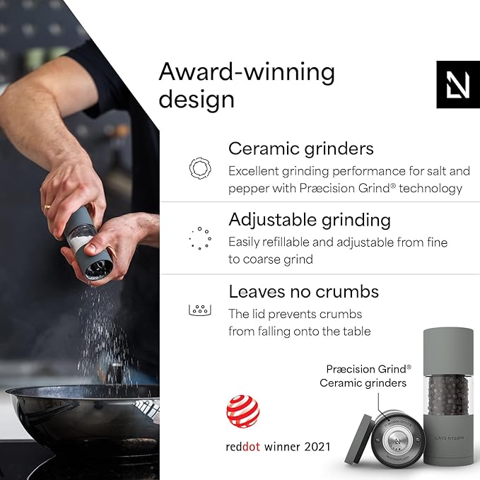 LARS NYS횠M Salt and Pepper Grinder Set, Manual Salt and Pepper Mills with Adjustable Ceramic Grinder, Design Spice Shaker Set (Ash Gray)