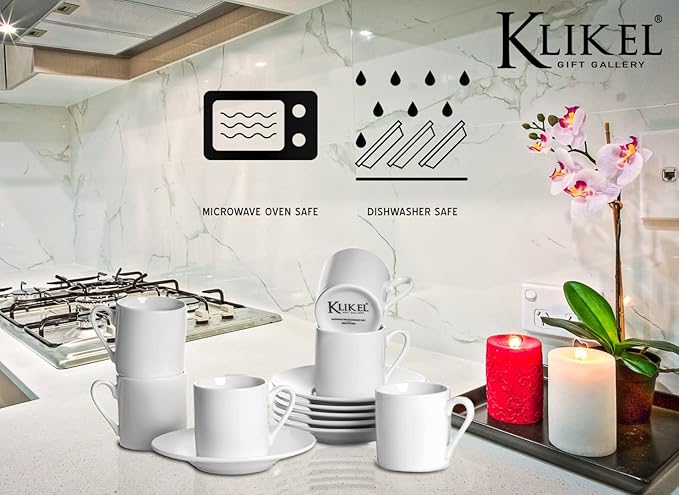 Klikel Espresso Cup And Saucer Set - White Cappuccino Demitasse - Small Coffee Cups For Cuban Coffee or Italian Espresso - Set Of 6