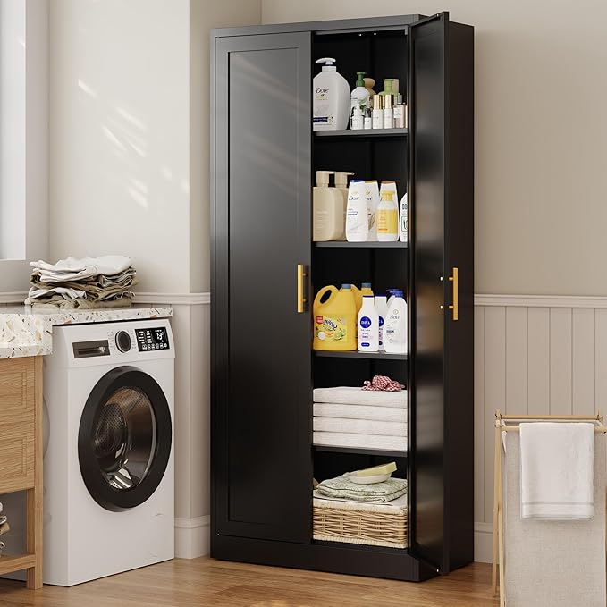 CJF 71" H Metal Kitchen Pantry Storage Cabinet, Freestanding Cupboard with 2 Doors and 4 Adjustable Shelves, Standing Storage for Kitchen, Bathroom, Garage, Dinning Room or Utility Room（Black）