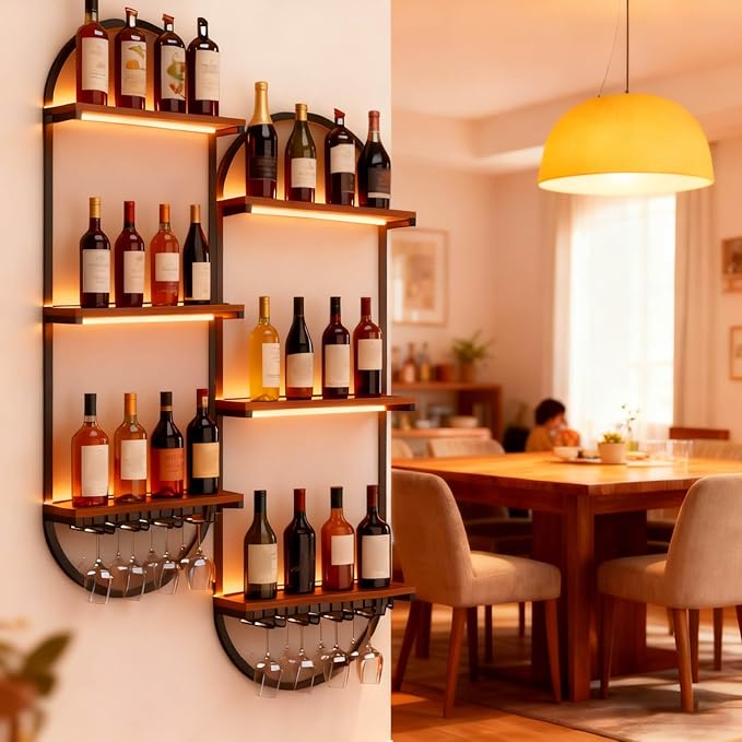 Wall Wine Rack, DIY Wood Bottles Storage Wine Rack for Wall, 3-Tiers Liquor Floating Shelves, for Kitchen, Dining Room, Bar, Wine Cellar (Black, 2PCS)