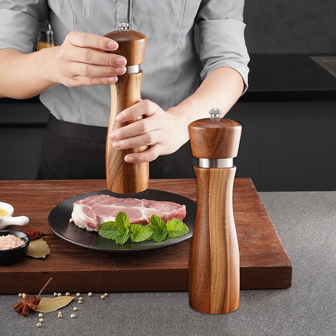 Acacia Wood Salt and Pepper Grinding Machine, Durable Ceramic Grinding, Manual Steel Ring Grinding Machine with Adjustable Thickness