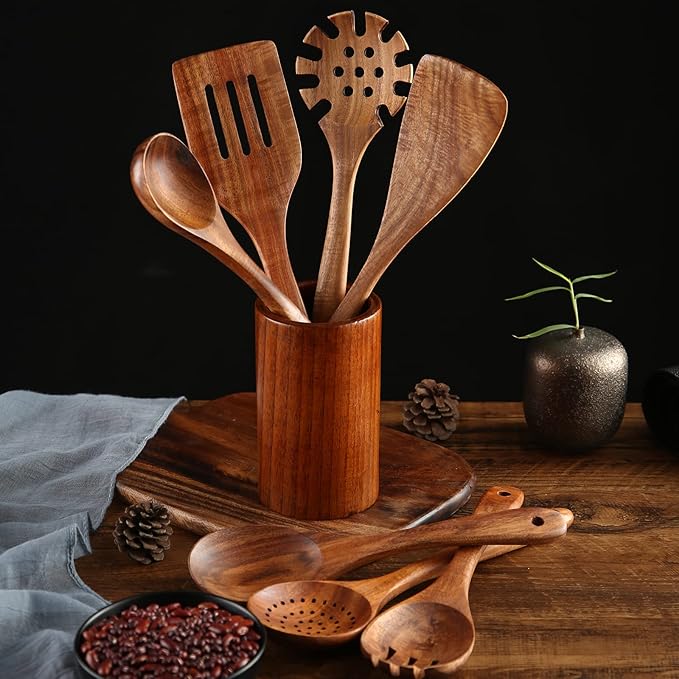 Wooden Kitchen Cooking Utensils, NAYAHOSE 8 Pcs Natural Teak Wooden Spoons Spatulas and Wooden Storage Barrel for Non-stick Pan