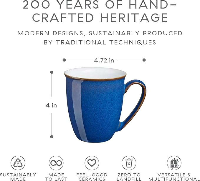 Denby - Imperial Blue Coffee Beakers/Mug Set of 4-11.5oz - Stoneware Tea Cup Mug Set - For Office & Home - Dishwasher Safe - Ceramic Tea Cups With Deep Blue Glaze - Chip Resistant