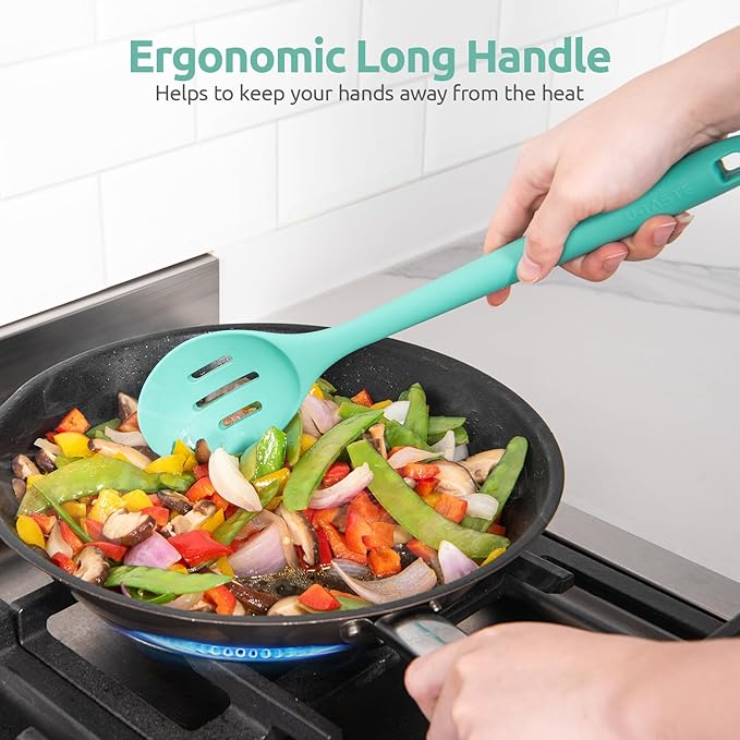 13.3" Slotted Cooking Spoon: U-Taste 600쨘F Heat Resistant Kitchen Mixing Spoon, Food Grade Nonstick Long and Large Rubber Soup Utensil for Serving, Stirring, Basting, for Pot Cookware (Aqua Sky)