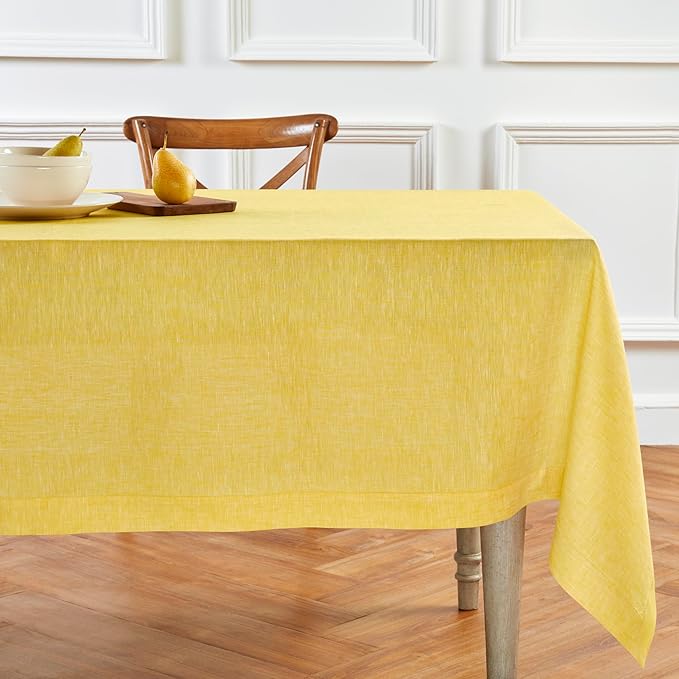 Solino Home Linen Tablecloth 60 x 132 Inch - 100% Pure Linen Chambray Lemon Yellow Table Cloth for Rectangle Tables - Athena, Machine Washable Tablecloth