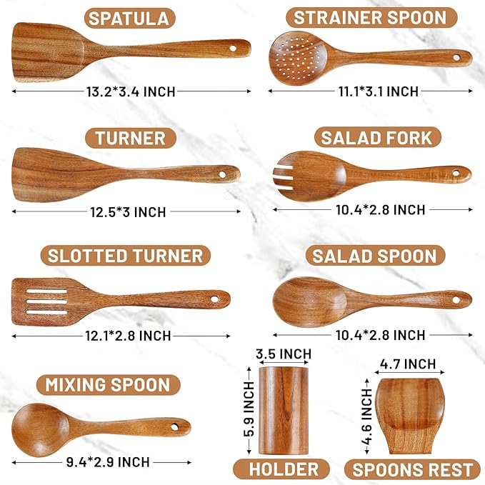 Pleafind Natural Teak Wooden Utensil Set - 9 Pcs, Wooden Spoons for Cooking, Wooden Cooking Utensils Set with Holder 竊?Spoon Rest, Soft Comfort-Grip Wood Kitchen Utensil Set for Non-Stick Cookware