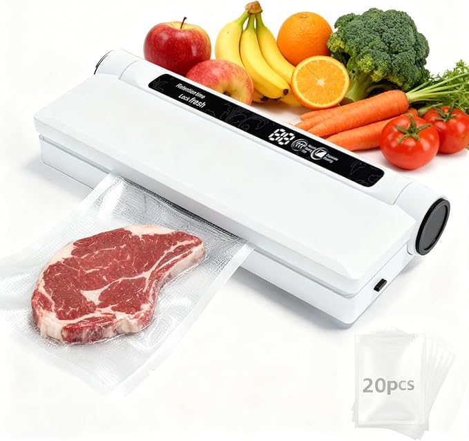 75 kPa Food Vacuum Sealer, Powerful Suction, Dry/Wet Modes for All Food Needs, Low-Temperature Slow Cooking, Countdown Timer, Lightweight and Portable, Includes 20 Sealing Bags, Ideal for Home Use