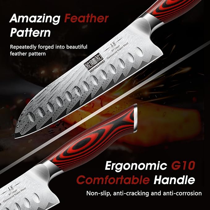 HOSHANHO Kitchen Knife Set with Block, 7 Pieces Chef Knife Set 67 Layers Damascus Steel Professional Knife Set for Cooking, Ergonomic G10 Handles with Sharpener