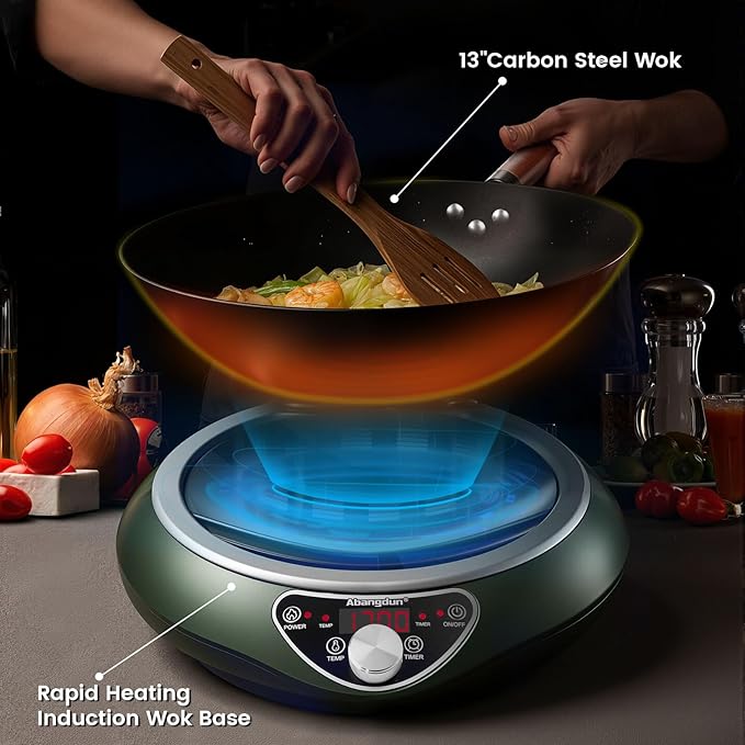 1700W Wok Induction Cooktop with 13.4??Nitride Carbon Steel Wok Round-Bottom & Flat-Pan Compatible, Electric Stir-Fry Wok Set for Home & Restaurant, No-Coating, Even Heating