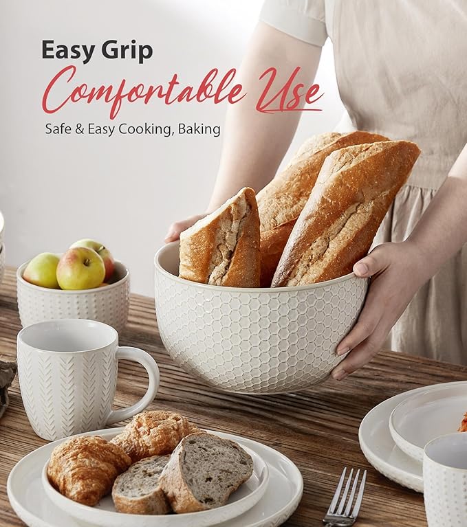 Lareina Ceramic Large Mixing Bowls Set of 4, Nesting Bowls for Cooking, Baking, Salad Etc, Serving Bowls Gift, Kitchen Stoneware, Oven, Microwave and Dishwasher Safe - 20/44/98/145 OZ, Ivory White