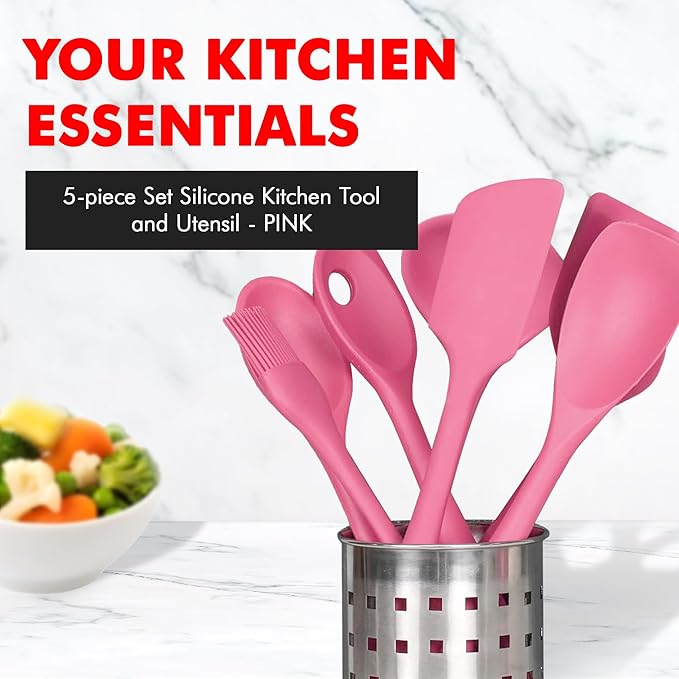 Chef Craft - Premium Silicone Kitchen Tools and Utensils Set, Non-Scratch, Withstands Temperatures up to 450째F, BPA-Free, 5 Piece Cooking Utensils Set, Pink