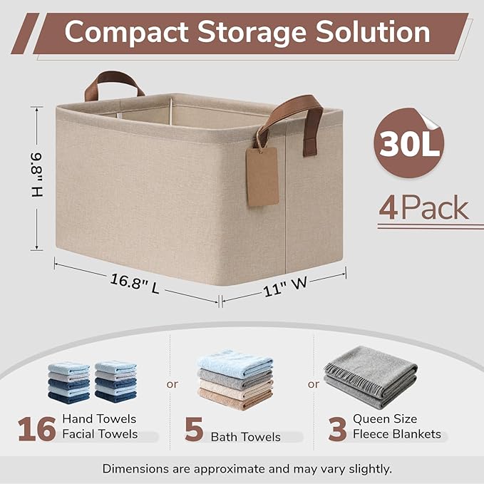 CHICVITA 4 Pack Large Storage Baskets for Shelves, Collapsible Towels Organizer Bins with Metal Frame, Closet Organizers and Storage Basket for Toys, Blankets, 16.8" x 11" x 9.8", Brown