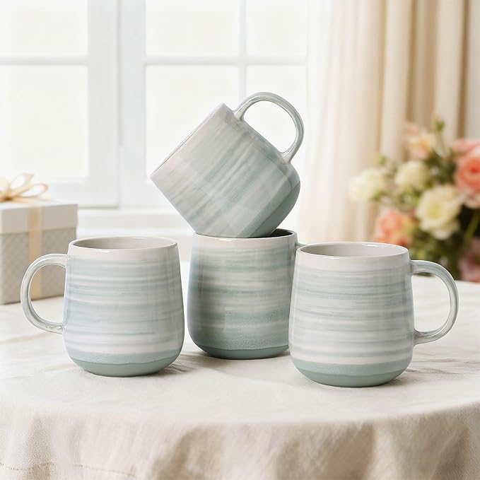 Coffee Mugs 4-Piece Set of Pastel green Ceramic Coffee Mugs with Glossy Finish, 12oz Modern Cups - Comfortable Handle, Dishwasher & Microwave Safe for Home, Office, Cafe