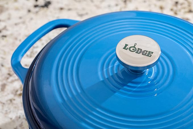 Lodge 6 Quart Enameled Cast Iron Dutch Oven with Lid ??Dual Handles ??Oven Safe up to 500째 F or on Stovetop - Use to Marinate, Cook, Bake, Refrigerate and Serve ??Blue
