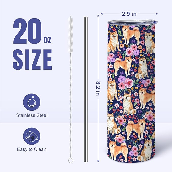 Yogusut Shiba Inu Gifts for Women, 20oz Stainless Steel Insulated Tumbler Travel Mug Cup with Lid Straw Brush, Gifts for Dog Mom Dog Lover