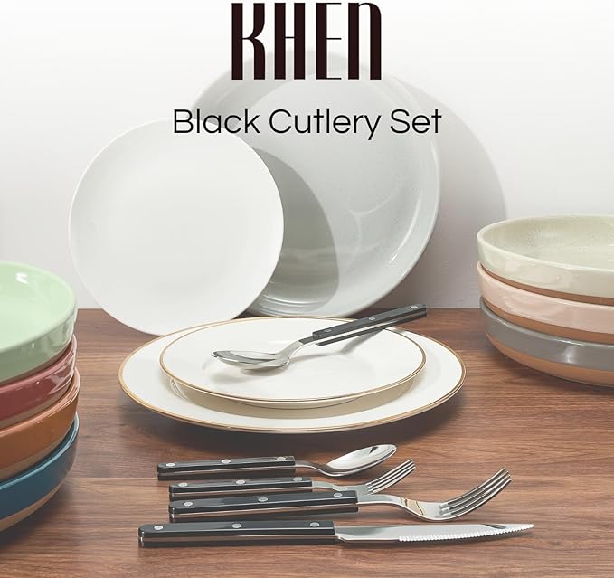 Khen Cutlery Set of 20, 18/8 Stainless Steel Flatware, Modern Silverware for Home, Kitchen, Dining & Table Setting for 4 ??Stainless Steel, Dishwasher Safe, Lightweight & Ergonomic Design Gift - Black