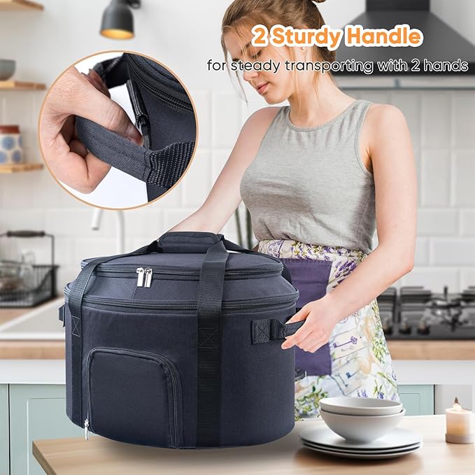 Double-Layer Slow Cooker Carrying Bag for 6-8 Quart CrockPot and Hamlton Beach Slowcooker, Travel Bag with Lid Fastener for Crock-pot, Portable Carrier with See-throught Window (BAG ONLY)