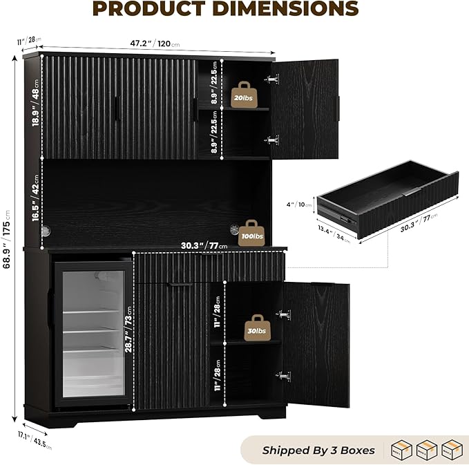 69" Kitchen Pantry with Fridge (Fridge Included), Fluted Coffee Bar Cabinet with Storage Hutch, Tall Wine Bar Cabinets with Drawers & Wide Countertop for Living Room, Dining Room, Black