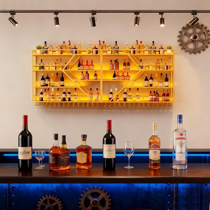 79in Large Wall Mounted Wine Rack, 4 Tier Modern Diamond Shaped Floating Bar Wine Storage Display Shelf, Metal Industrial Liquor Bottles Shelves Wine Glass Holder (Gold, 4 Tier,79in)
