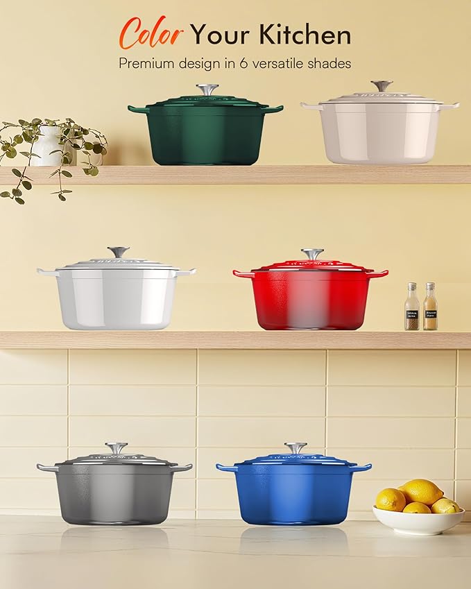 Nuwave 6QT Healthy Enameled Cast Iron Dutch Oven Pot with Lid, Heavy Duty 7-Layer Enamel, Enhanced Rust Protection, Dual Handles, Oven Safe to 500째F for Sourdough Bread Baking, Braise, Stew, Roast