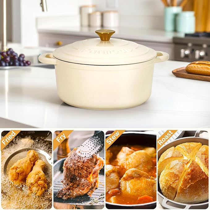 Parmedu Enameled Cast Iron Dutch Oven-5.5 Quart Pot with Lid, Dual Handle,Heavy Duty Cookware for Braising, Stews, Roasting, Bread Baking,Cream white