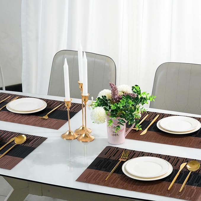 flohar Placemats Set of 8竊똍on-Slip PVC Weave Table Mats Easy to Clean竊똇eat Resistant Place Mats for Kitchen Dining Table Decoration Indoor Outdoor竊똁lack Brown