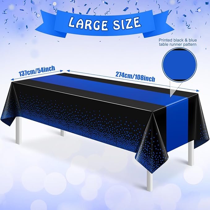 MASHAN 3Pcs Black and Blue Tablecloth Party Decorations,Plastic Black Table Cloth Printed Blue Table Runner Disposable Rectangle Cover for Birthday Wedding Anniversary Graduation Party,54 x108 Inch