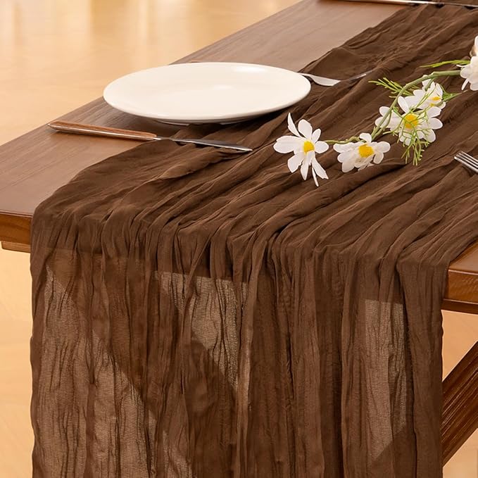 Socomi 3pcs Brown Coffee Valentine's Day Cheesecloth Table Runner Boho Rustic Gauze 120 inch 10FT Cheese Cloth Runner for Wedding Party Baby Shower Birthday Home Decor Holiday Decorations