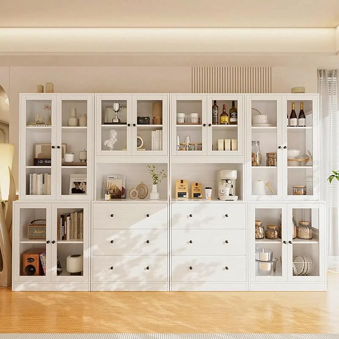 TUSY 71'' H Kitchen Hutch Storage Cabinet, 5-Tier Pantry Cabinet, Buffet Hutch with Drawers, China Cabinet with Glass Doors, Storage Cabinets for Dining Room, Kitchen, Living Room (White)