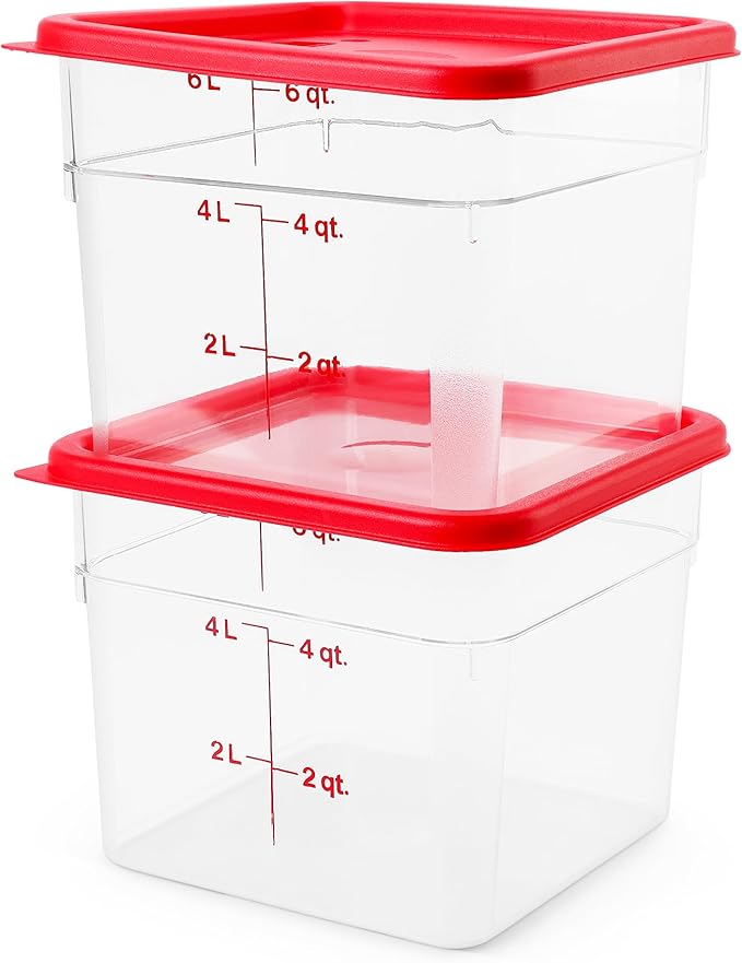 Cambro Food Storage Container with Lid (2 Pack) - Classic Series Square with Red Lid - 6 QT (Quart) - Commercial Grade for Food Prep (Clear)