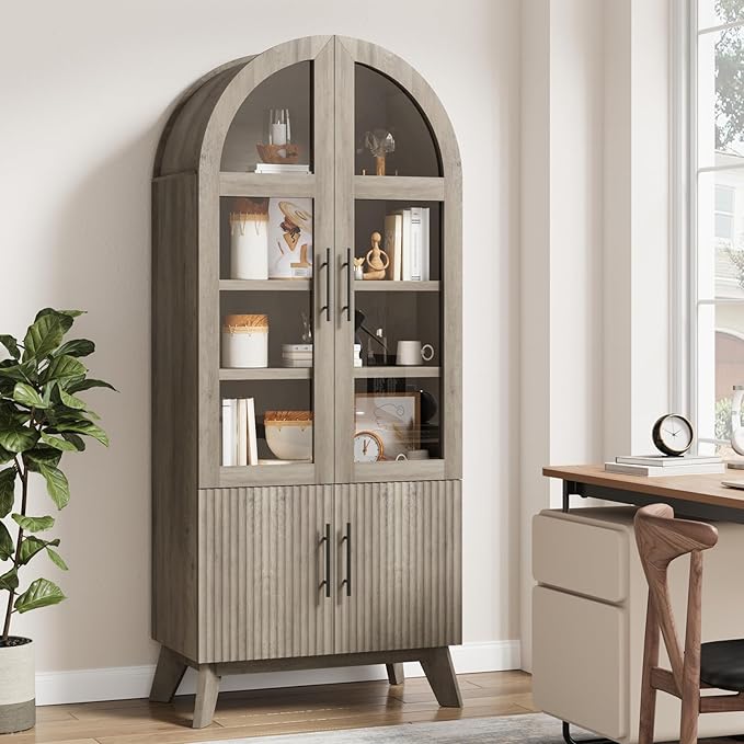 QUW 71" Tall Arched Kitchen Pantry Cabinet, Modern Fluted Display Cabinet with Glass Door & Adjustable Shelves, Storage Cabinet for Kitchen, Living Room, Dining Room, Bathroom, Grey