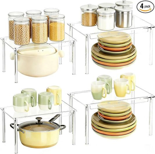 Clear Kitchen Cabinet Organizer, Set of 4 Acrylic Shelves Organizer for Pantry Organizers and Storage, Tiered Spice Organization for Cabinet, Stackable Cabinet Organizer Shelf for Desk Countertop