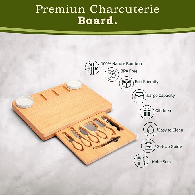 Charcuterie Board and Cheese Board Set with Knives, Bowls, Color Forks & Wine Opener ??Premium Appetizer Platter with Compartments, Eco Friendly Charcuterie Accessories for Stylish Hosts.