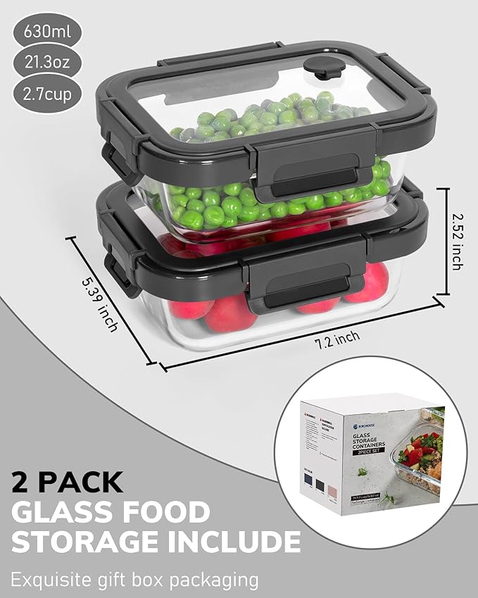 2-Pack Glass Food Storage Containers with Tempered Lids (630ml/2.7cup) - Airtight Snap Lock, Microwave & Oven Safe (-4?? 950째F), Freezer to Baking Dish, BPA-Free, Gift Box (Gray)
