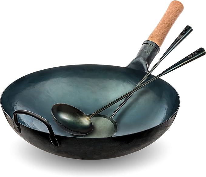 YOSUKATA Blue Round Bottom Wok Pan ??14" Woks and Stir Fry Pans With Pre-Seasoned Wok Utensils Set - Blue Carbon Steel 17-inch Wok Spatula, Wok Ladle, 3 pairs of Chopsticks