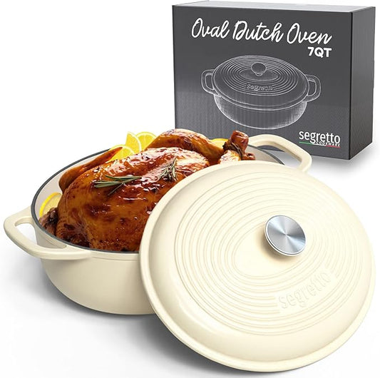 Segretto Cookware Enameled Cast Iron Oval Dutch Oven, 7 Quarts White