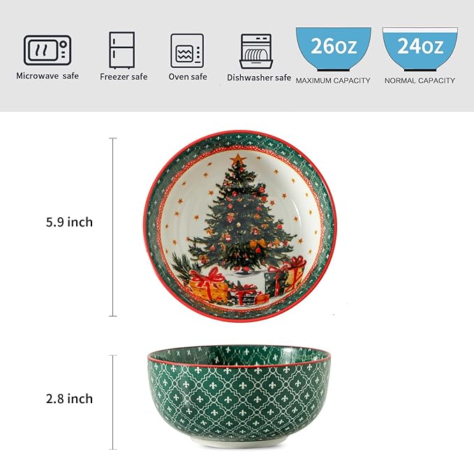 glowworm Christmas Cereal Bowls, 26 Oz Soup Bowls Set of 6 for Kitchen, Bowls Set for Rice, Oatmeal, Dessert, Dishwasher & Microwave safe